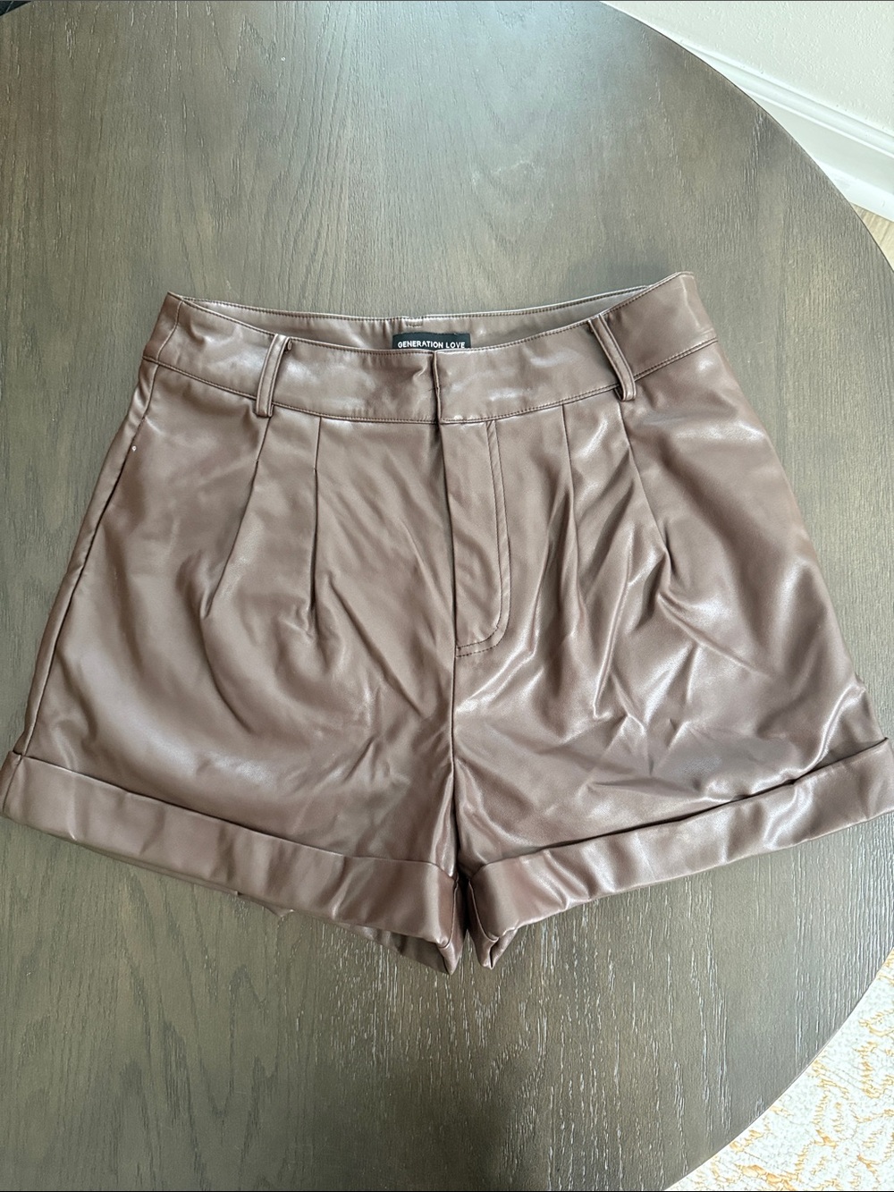 Generation Love Chocolate Brown Faux Leather High-Waist Pleated Shorts